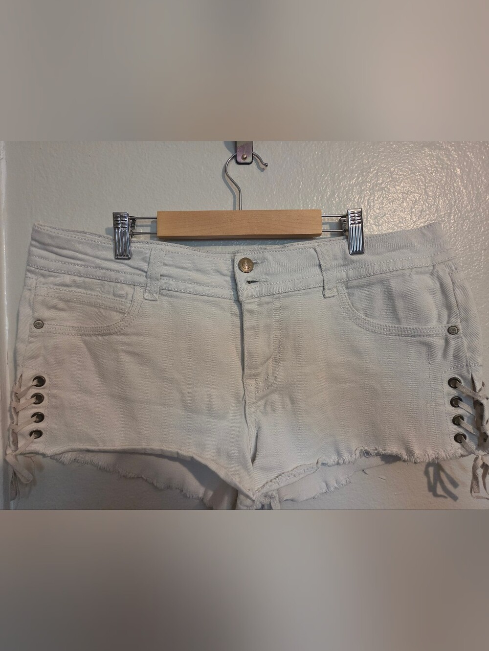 Almost Famous White Denim Lace-Up Frayed Hem Shorts